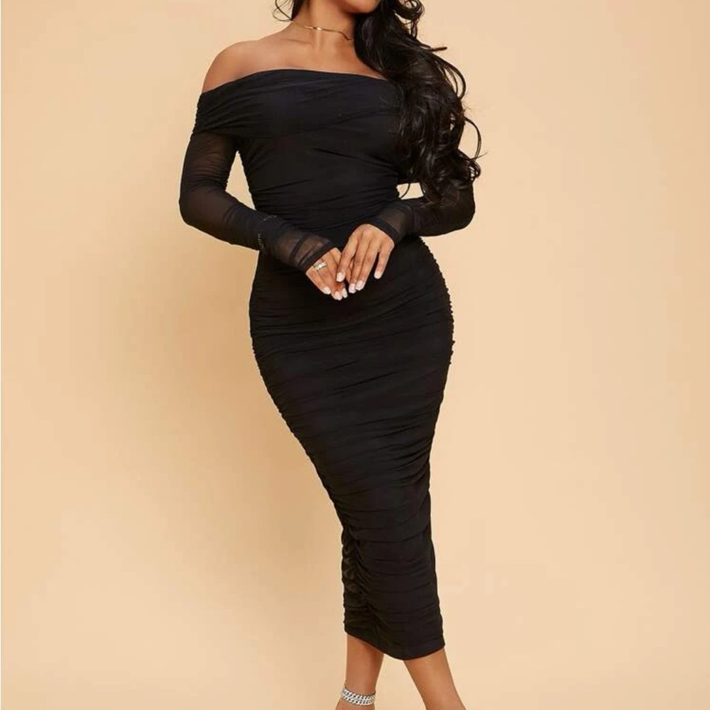 Shein Sexy Mesh Off The Shoulder Long Sleeve Midi Dress Black Small